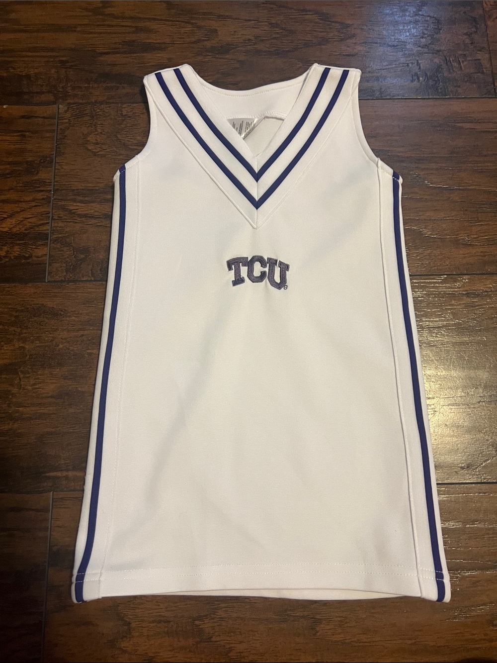 TCU White V-Neck Kids Dress with Purple Trim